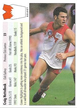 1993 Select AFL #23 Craig Nettelbeck Back
